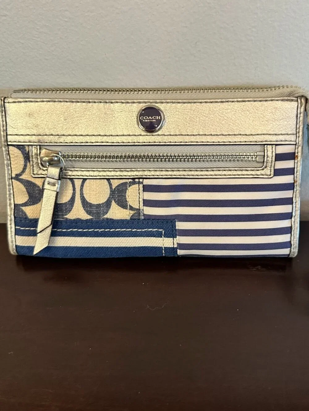 Coach Metallic Silver Leather/Canvas Patchwork Zip Wallet Wristlet Blue White